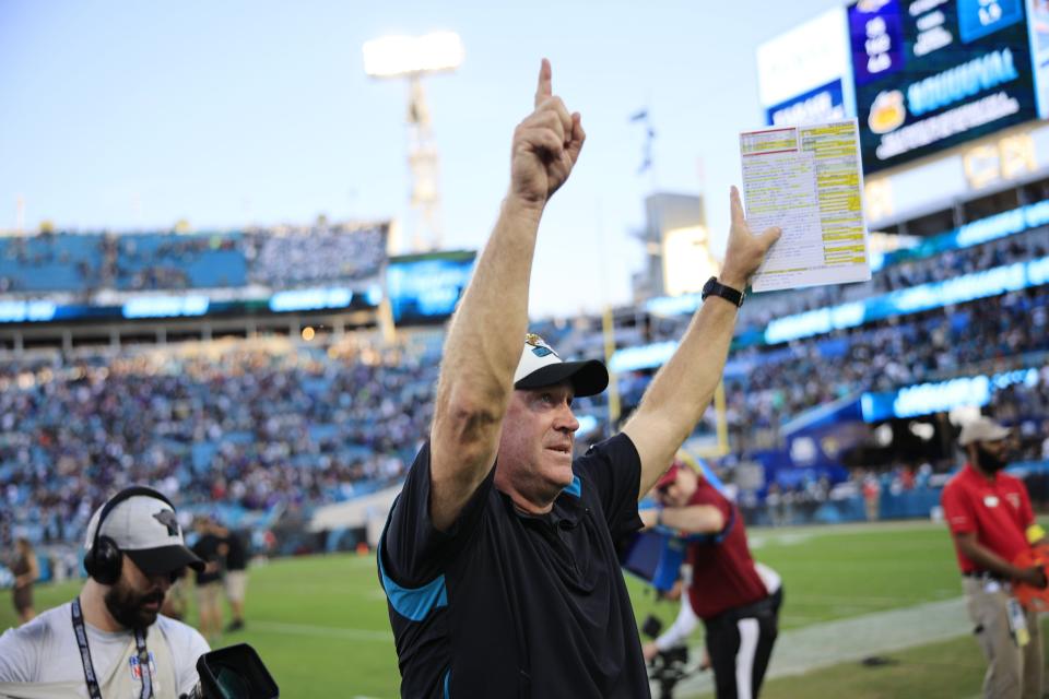 Jacksonville Jaguars head coach Doug Pederson acknowledges the crowd after the game of a regular season NFL football matchup Sunday, Nov. 27, 2022 at TIAA Bank Field in Jacksonville. The Jaguars edged the Ravens 28-27. [Corey Perrine/Florida Times-Union]