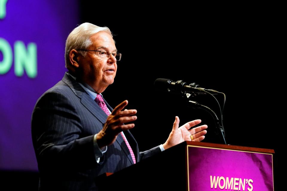 U.S. Senator Bob Menendez (D-NJ) speaks during the twelfth annual Evangelina Menendez women's history month celebration at Montclair State Univeristy on Sunday, March 26, 2023.