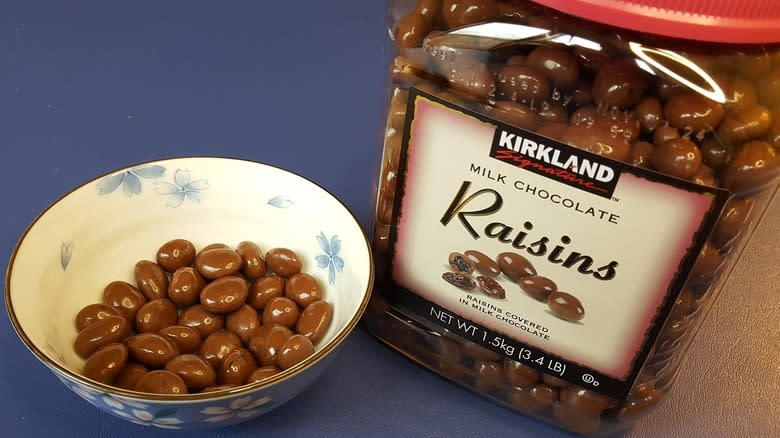 chocolate covered raisins in bowl