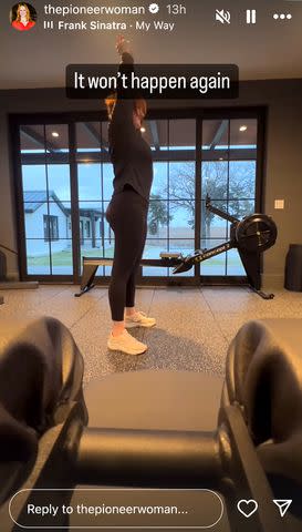 <p>Ree Drummond/Instagram</p> Ree Drummond stretches in workout video shared to Instagram in March 2024.