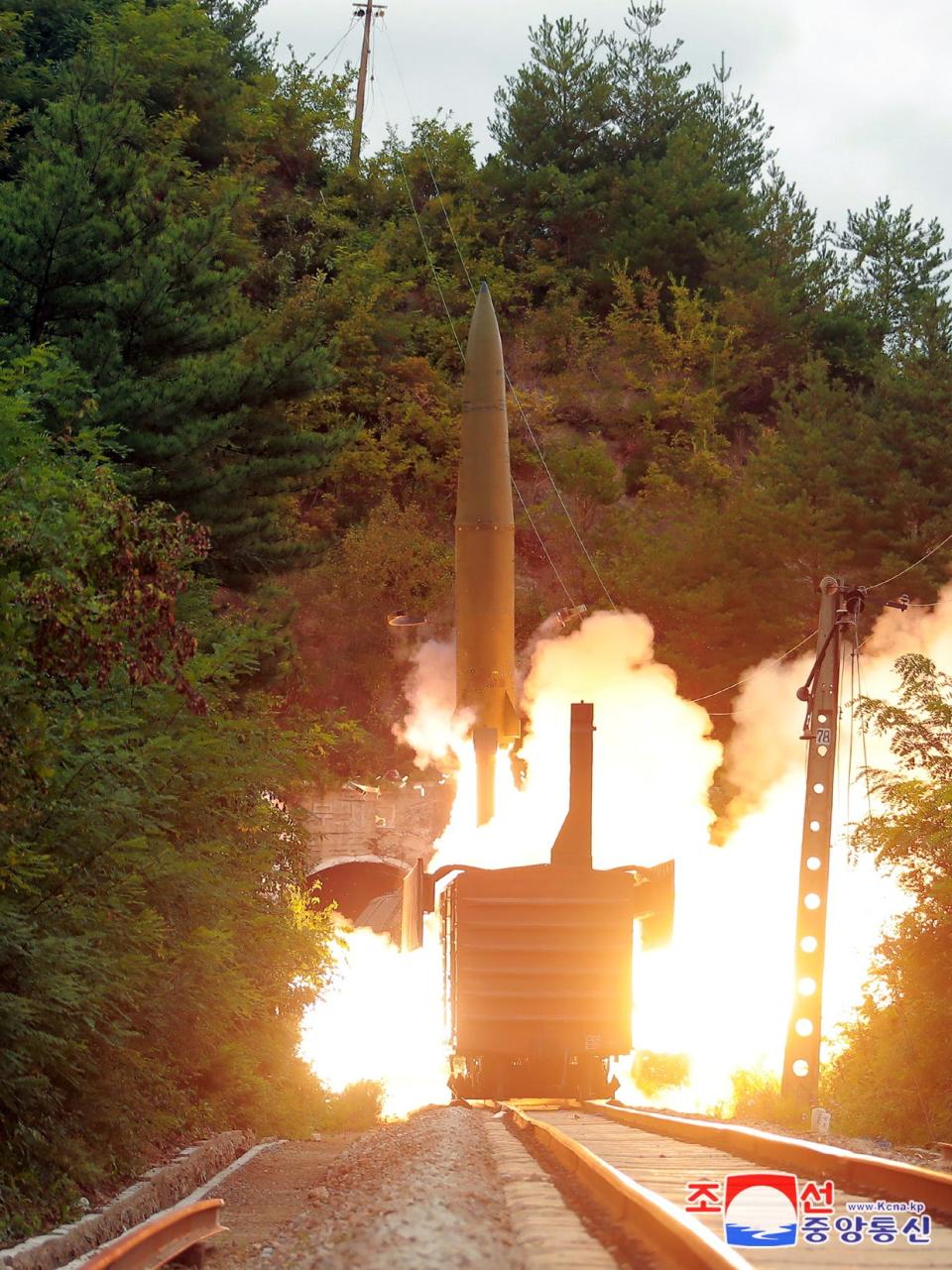 A missile is seen launched during a drill of the Railway Mobile Missile Regiment in North Korea