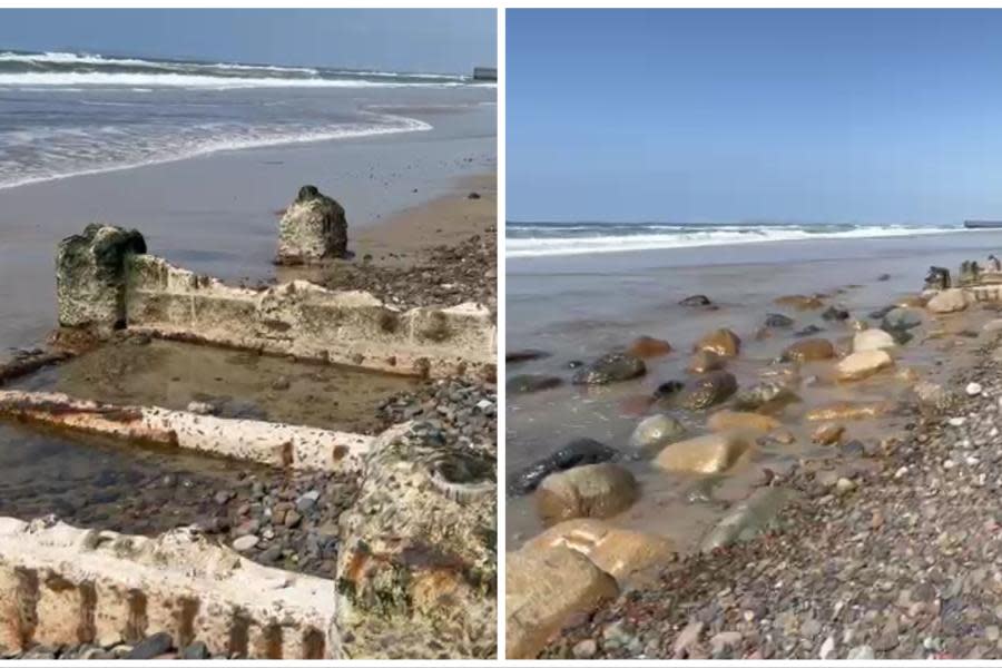 Marea baja deja al descubierto viejas estructuras del antiguo malecón en Playas de Tijuana