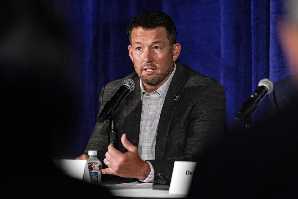 Buffalo Bills head athletic trainer Nate Breske describes his experience when Damar Hamlin suffered a cardiac arrest during an NFL football game in January, during a panel discussion at the National Athletic Trainers' Association meeting in Indianapolis, Thursday, June 22, 2023. Breske said they stuck to their pre-planned treatment plan and now they're encouraging schools and youth leagues to also make their own potentially life-saving plans. (AP Photo/Michael Conroy)