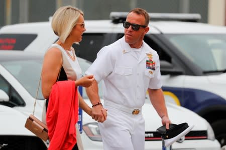 U.S. Navy SEAL Special Operations Chief Edward Gallagher arrives at court with his wife Andrea for the start of his court-martial trial at Naval Base San Diego in San Diego