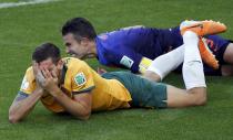 Australia's Matthew Spiranovic (L) covers his face in pain after being fouled by Robin van Persie of the Netherlands during their 2014 World Cup Group B soccer match at the Beira Rio stadium in Porto Alegre June 18, 2014. REUTERS/Marko Djurica (BRAZIL - Tags: SOCCER SPORT WORLD CUP)