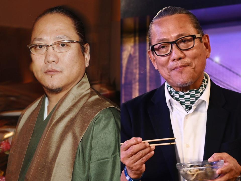 On the left, Masaharu Morimoto in a green and brown silk outfit. On the left, him in a suit.