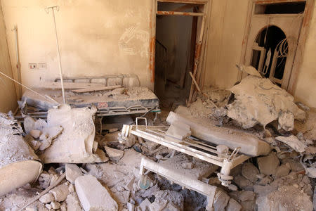 A damaged field hospital room is seen after airstrikes in a rebel held area in Aleppo. REUTERS/Abdalrhman Ismail