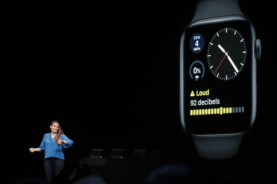 Apple's Haley Allen speaks about the Apple Watch at the Apple Worldwide Developers Conference in San Jose, Calif., Monday, June 3, 2019. (AP Photo/Jeff Chiu)