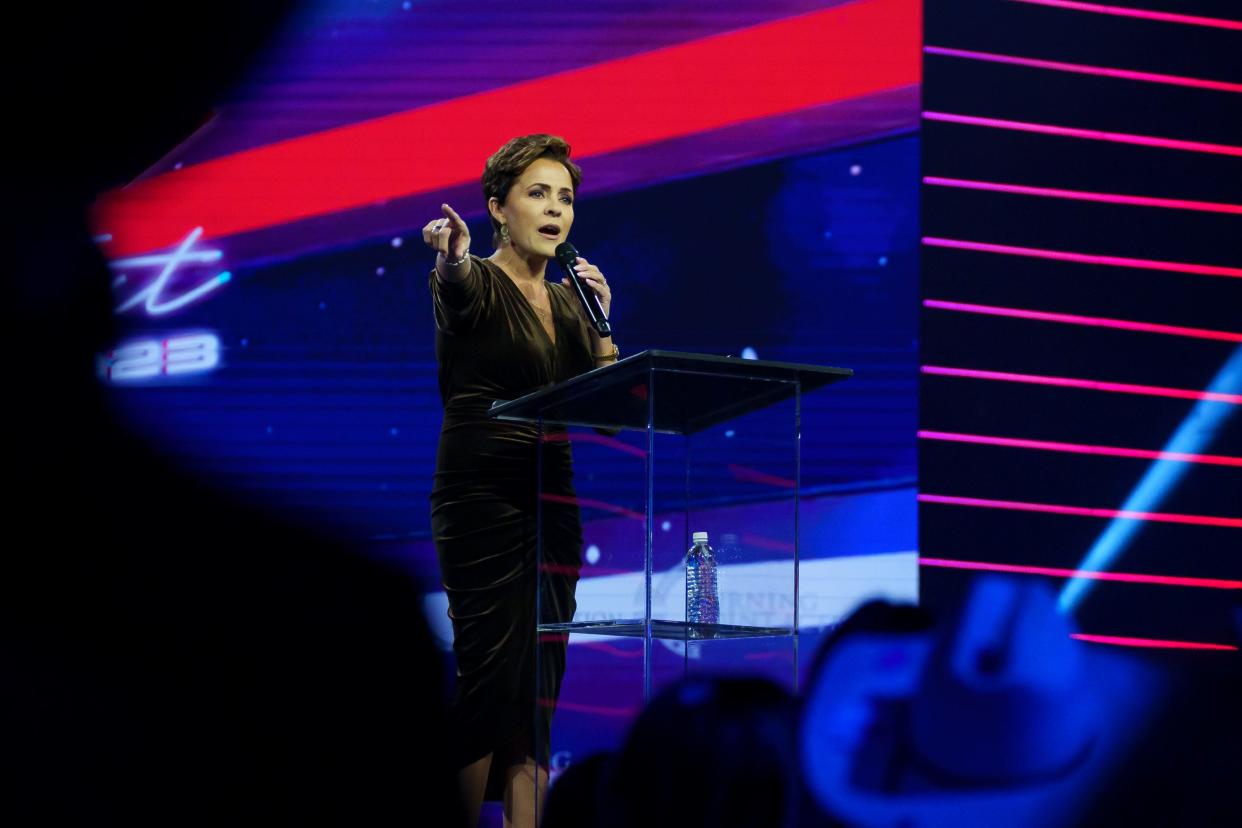 Former Republican candidate for governor of Arizona, Kari Lake speaks at Turning Point USA's 2023 America Fest in the Phoenix Convention Center on Dec. 17, 2023, in Phoenix.
