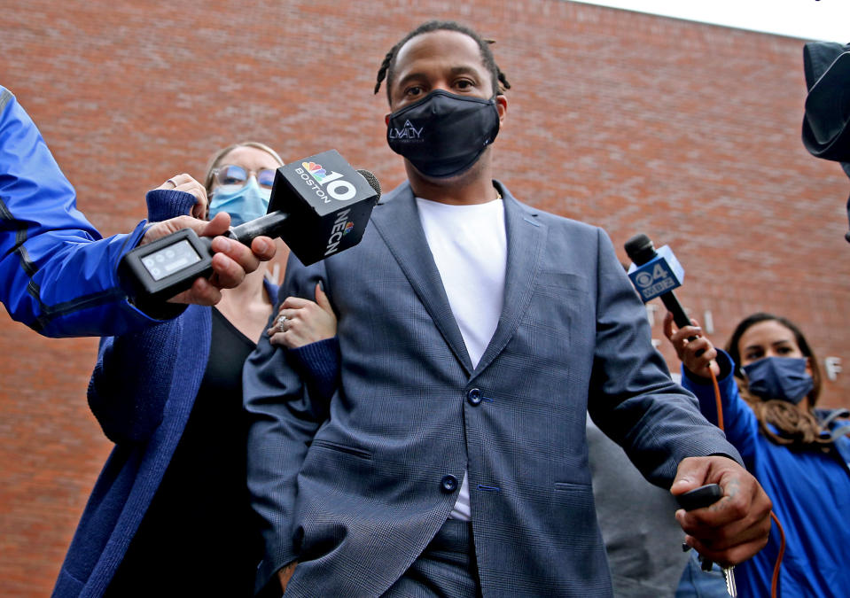 QUINCY MA - October 26: Former New England Patriot Patrick Chung leaves Quincy District Court after his arraignment on domestic violence charges involving the mother of one of his children on October 26, 2021 in Quincy, Massachusetts.  (Staff Photo By Matt Stone/MediaNews Group/Boston Herald)