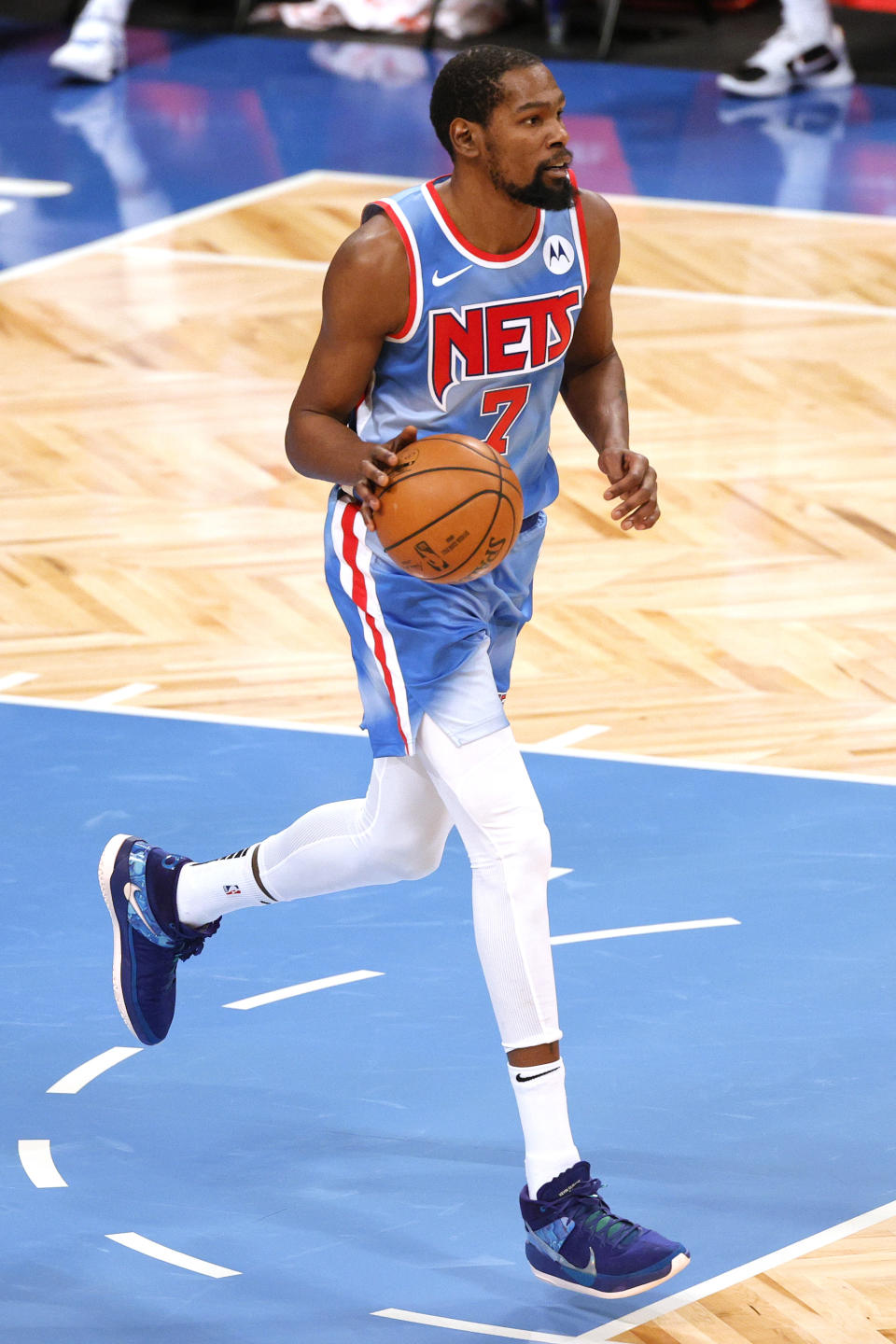 Kevin Durant #7 of the Brooklyn Nets dribbles during the second half against the Oklahoma City Thunder at Barclays Center on January 10, 2021.