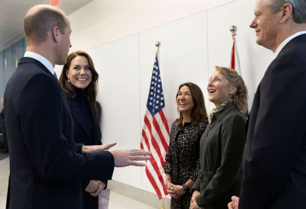 PHOTO: Prince William, Prince of Wales and Catherine, Princess of Wales are greeted by First Lady Lauren Baker and Governor Governor Charlie Baker as they arrive at Logan International Airport on Nov. 30, 2022, in Boston. (Stephen Lock/i-Images via Polaris)