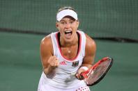 2016 Rio Olympics - Tennis - Semifinal - Women's Singles Semifinals - Olympic Tennis Centre - Rio de Janeiro, Brazil - 12/08/2016. Angelique Kerber (GER) of Germany celebrates after winning her match against Madison Keys (USA) of USA. REUTERS/Toby Melville