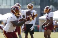 FILE PHOTO: Jul 28, 2018; Richmond, VA, USA; Washington Redskins tight end Manasseh Garner (82) catches the ball during drills on day three of Redskins training camp at Washington Redskins Bon Secours Training Center. Mandatory Credit: Geoff Burke-USA TODAY Sports