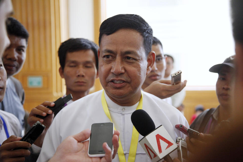 FILE - Myanmar Information Minister Ye Htut talks to journalists during a press briefing at parliament building Tuesday, Aug 18, 2015, in Naypyitaw, Myanmar. Ye Htut, a former high-profile Myanmar army officer who had served as information minister and presidential spokesperson in a previous military-backed government has been arrested and charged with spreading false or inflammatory news, it was announced Sunday, Oct. 29, 2023. (AP Photo/Khin Maung Win, file)