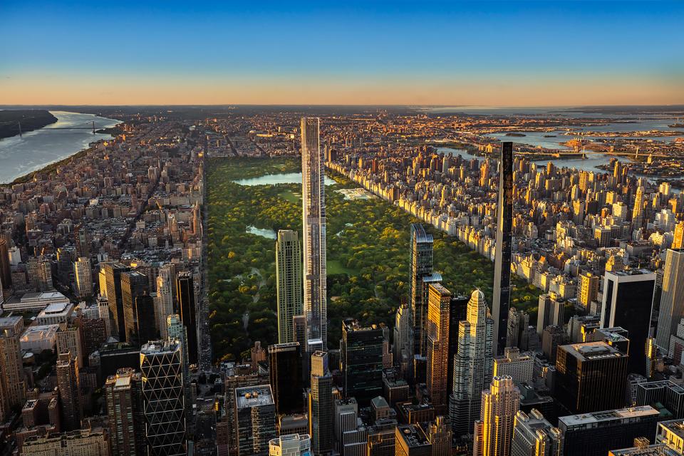 a view of Central Park, skyscraper Central Park Tower, and surrounding buildings