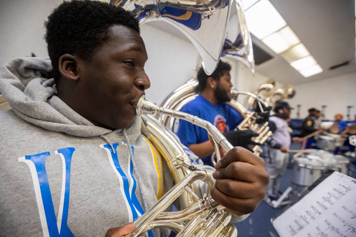 Rashaud Marcelin, a music major who’s going into his senior year at Florida Memorial University, plays the tuba on Friday, June 9, 2023, in Miami Gardens, Florida. Alexia Fodere/for The Miami Herald