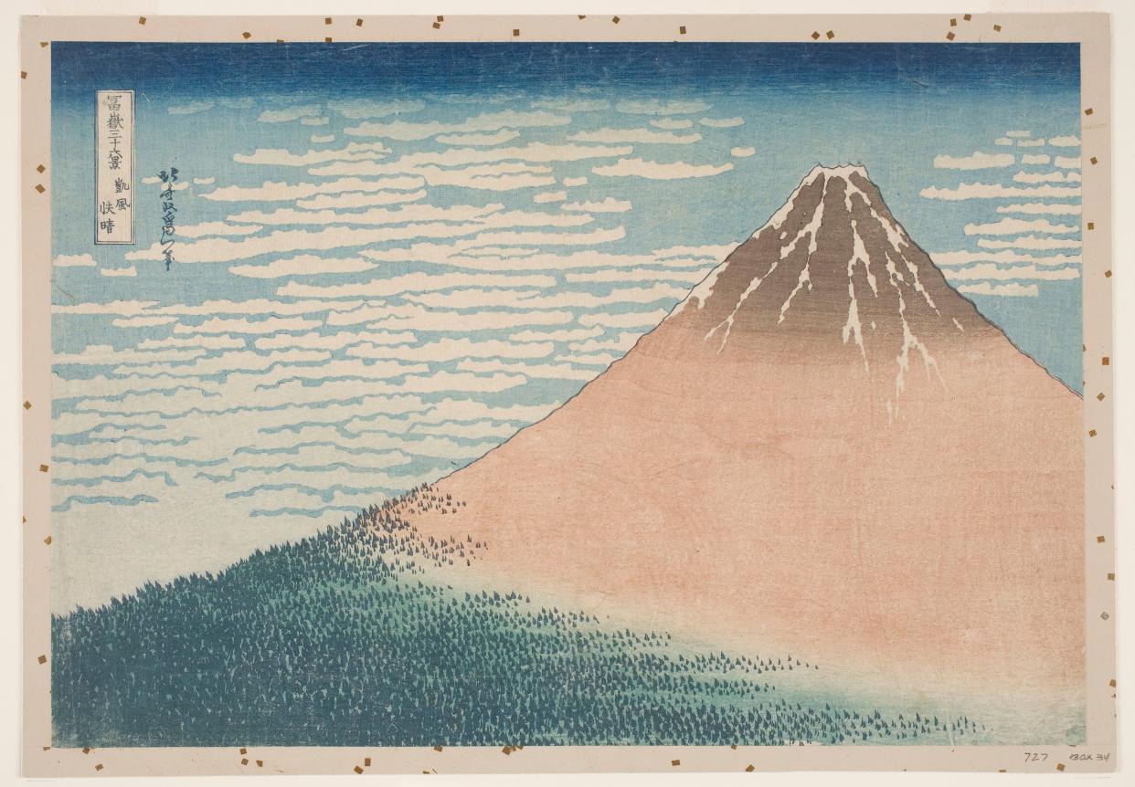 Japanese color woodblock prints of the 18th and 19th centuries grew increasingly refined and highly influenced Impressionist painters in the West. This landscape by print master Katsushika Hokusai, "South Wind, Clear Sky" or "Red Fuji," is part of a series of 36 views of Mount Fuji from circa 1831. It can be seen through June at the Blanton Museum of Art in Austin.