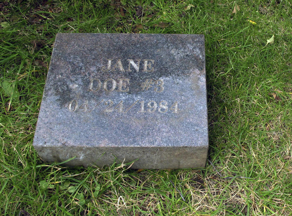 CORRECTS VICTIM'S NAME TO ROBIN PELKEY, INSTEAD OF HARRIET ROBIN PELKEY - FILE - This Wednesday, Sept. 3, 2014, file photo shows the grave marker for Jane Doe #3 from a cemetery in Anchorage, Alaska. The remains of a woman known for 37 years only as Horseshoe Harriet, one of 17 victims of a notorious Alaska serial killer, have been identified through DNA profiling as Robin Pelkey, authorities said Friday, Oct. 22, 2021. (AP Photo/Rachel D'Oro, File)