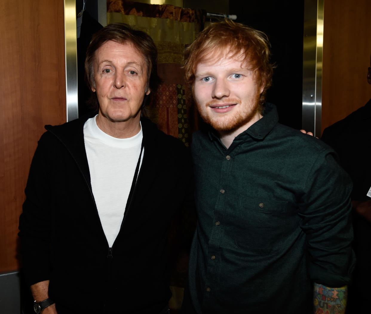 LOS ANGELES, CA - FEBRUARY 08:  Paul McCartney and Ed Sheeran attend The 57th Annual GRAMMY Awards at the STAPLES Center on February 8, 2015 in Los Angeles, California.  (Photo by Kevin Mazur/WireImage)