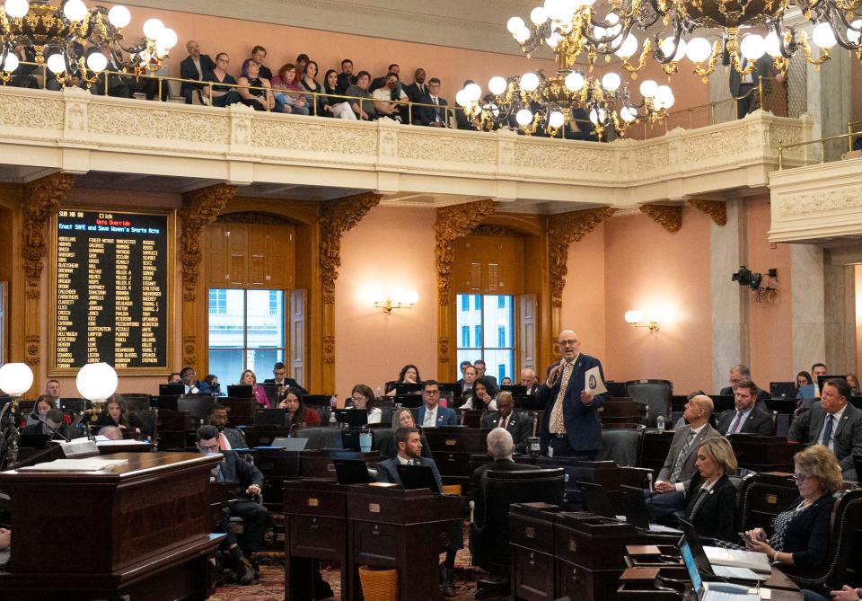 Jan 10, 2024; Columbus, Ohio, United States ; State Rep. Gary Click (R-Vickery) speaks before the Ohio House votes to override DeWine's veto of House Bill 68. The Bill would restrict medical care for transgender minors and block transgender girls from female sports.