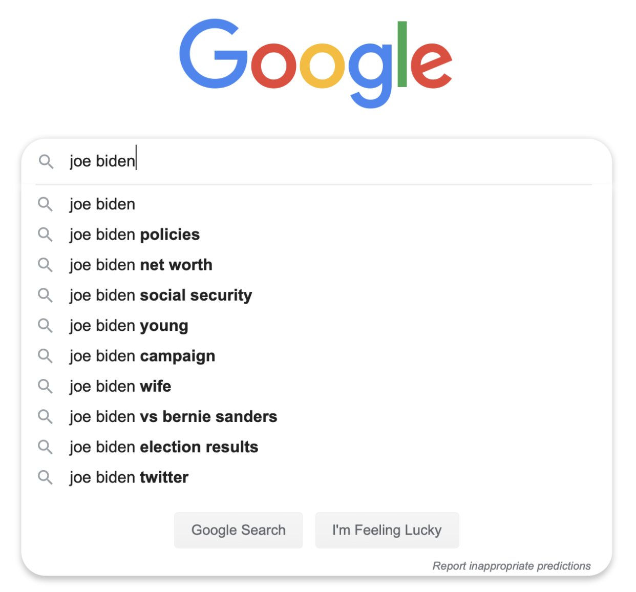 Recent Google autocomplete results for "Joe Biden"