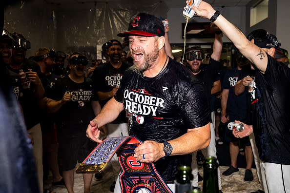 CLEVELAND, OHIO – SEPTEMBER 19: Head coach Stephen Vogt of the Cleveland Guardians celebrates after the team clinched a playoff spot at Progressive Field on September 19, 2024 in Cleveland, Ohio. The Guardians beat the Minnesota Twins 3-2. (Photo by Lauren Leigh Bacho/Getty Images)