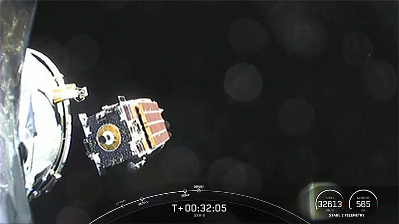A camera on the Falcon 9's second stage captured this view of the SiriusXM-8 satellite as it was released to fly on its own following a successful launch. / Credit: SpaceX webcast
