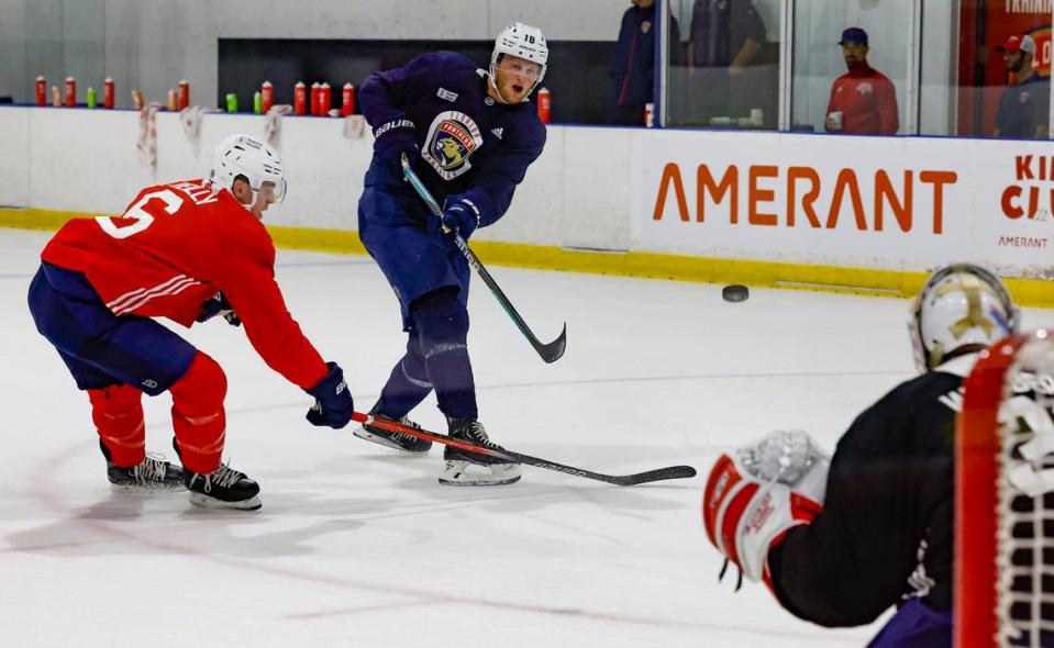 Florida Panthers forward Steven Lorentz (18) attempts a goal during practice drills at Florida Panthers IceDen in Coral Springs, Florida on Thursday, September 21, 2023. Al Diaz/adiaz@miamiherald.com