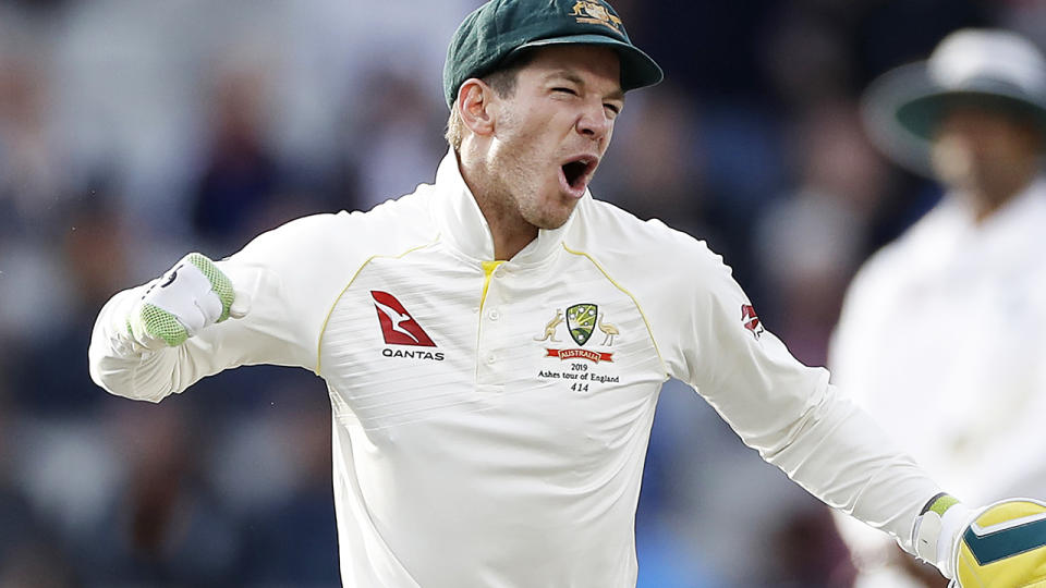 Tim Paine, pictured celebrating victory in the fourth Test, has been praised for a brilliant call to bowl Marnus Labushagne.