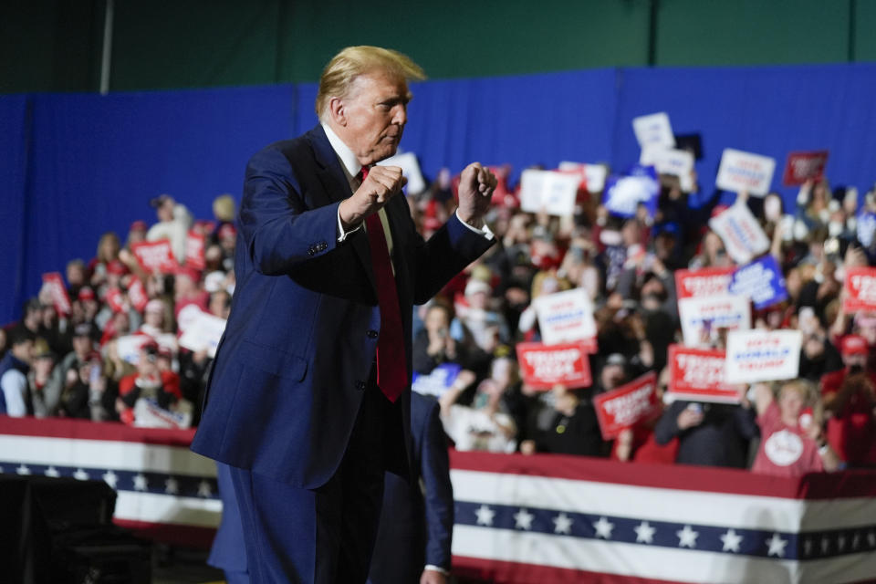 Republican presidential candidate former President Donald Trump dances at a campaign rally Saturday, March 2, 2024, in Greensboro, N.C. (AP Photo/Chris Carlson)