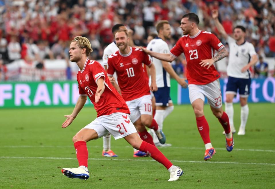 Morten Hjulmand celebrates scoring his team’s goal (Getty)