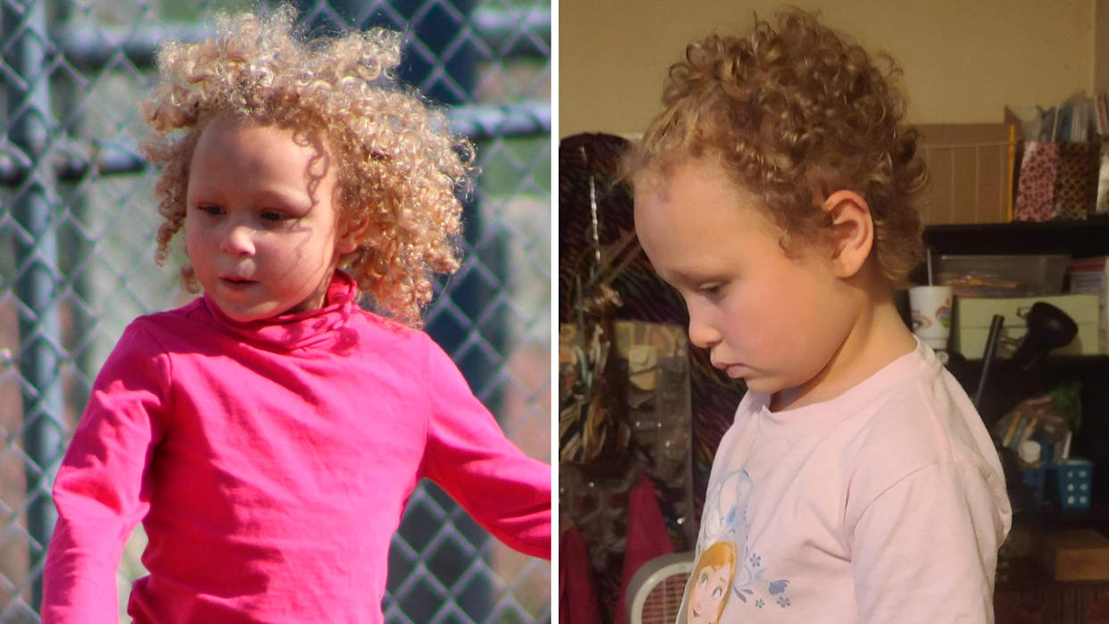 Side-by-side images on Jurnee Hoffmeyer, one with long, golden curls and one without.