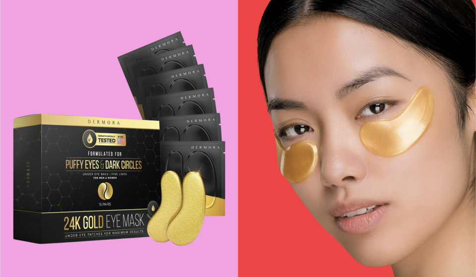 a pack of gold under-eye masks / someone wearing the gold under-eye masks