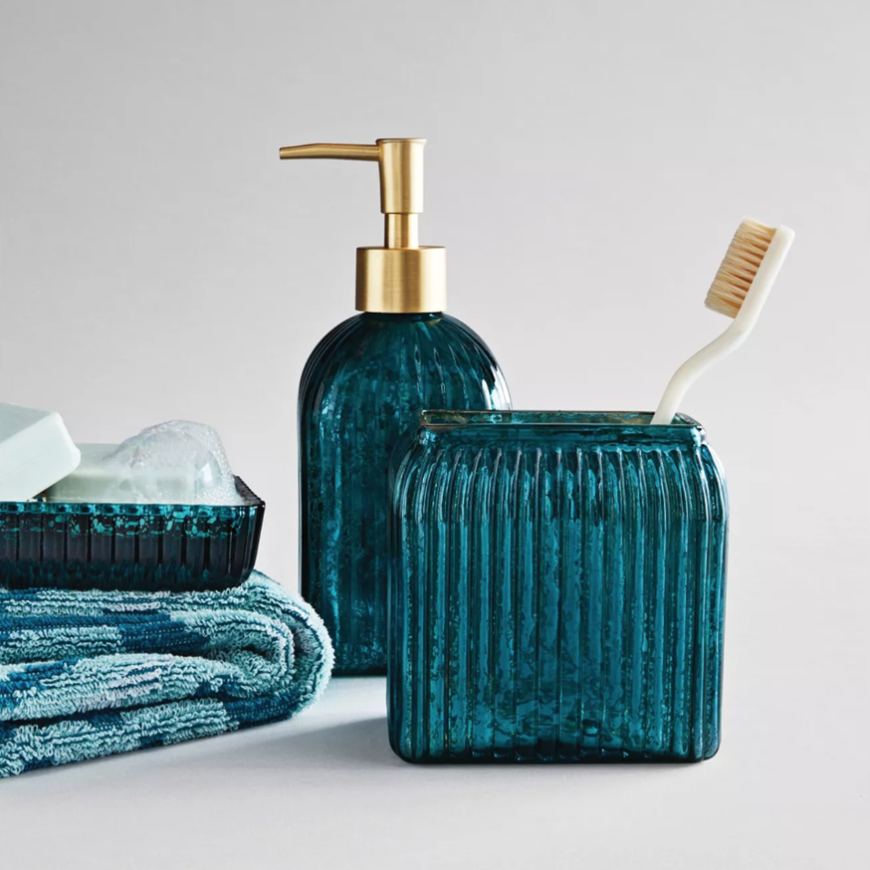 12) Teal Glass Bathroom Collection