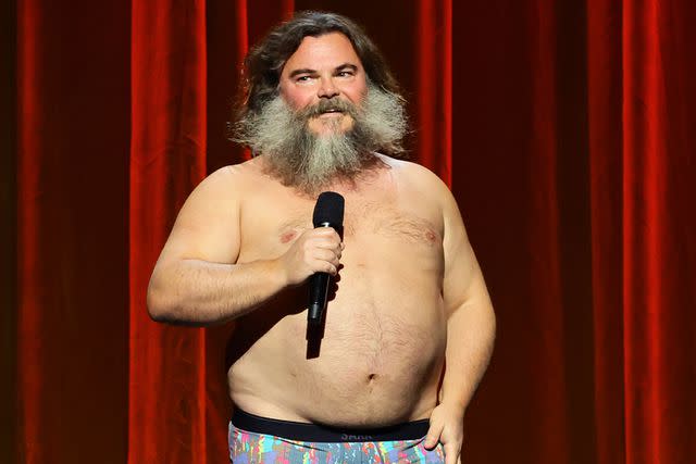 <p>Matt Winkelmeyer/Getty</p> Jack Black performs shirtless at The Give Back-ular Spectacular! fundraiser in partnership with The Union Solidarity Coalition at The Orpheum Theatre in October 2023 in Los Angeles, California