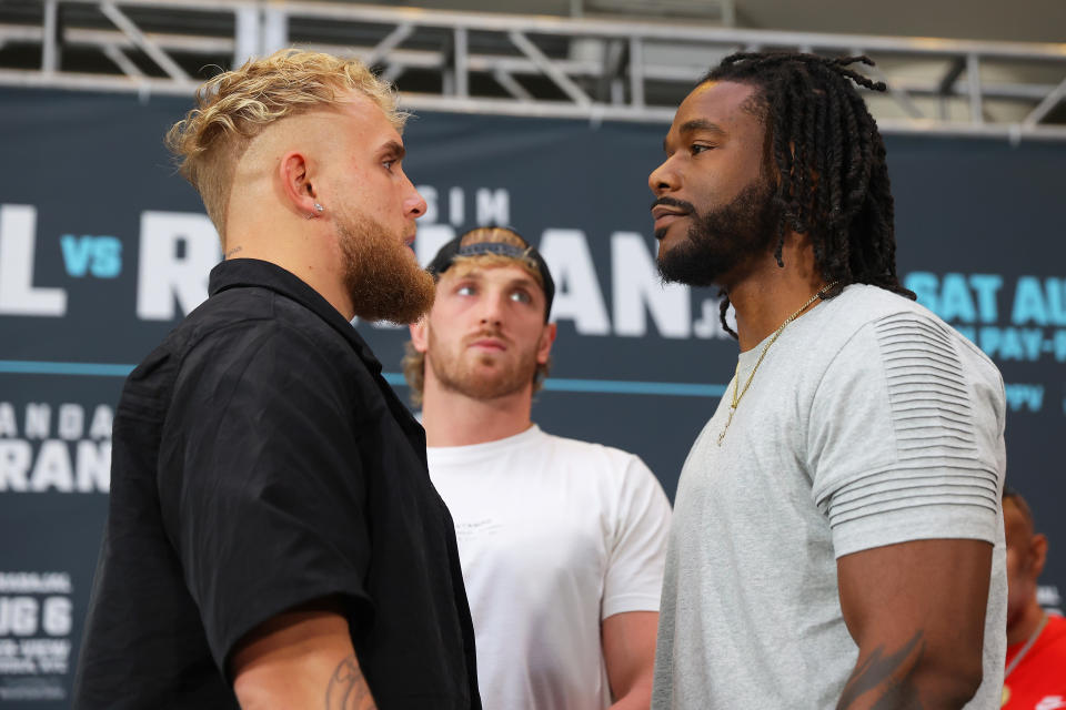 NEW YORK, NEW YORK - JULY 12: Jake Paul and Hasim Rahman face-off during a press conference at Madison Square Garden on July 12, 2022 in New York City. (Photo by Mike Stobe/Getty Images)