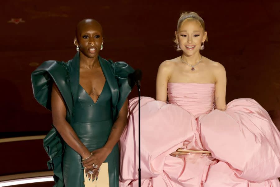 HOLLYWOOD, CALIFORNIA – MARCH 10: (L-R) Cynthia Erivo and Ariana Grande speak onstage during the 96th Annual Academy Awards at Dolby Theatre on March 10, 2024 in Hollywood, California. (Photo by Kevin Winter/Getty Images)