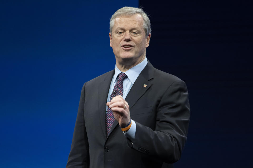 FILE - NCAA president Charlie Baker speaks during the NCAA Convention, Thursday, Jan. 12, 2023, in San Antonio. Former Massachusetts governor and Harvard basketball player turned president of the National Collegiate Athletic Association, Baker has outlined a vision at the very top of college sports in an attempt to grapple with one of the diciest issues facing the NCAA — how best to compensate college athletes. (AP Photo/Darren Abate, File)