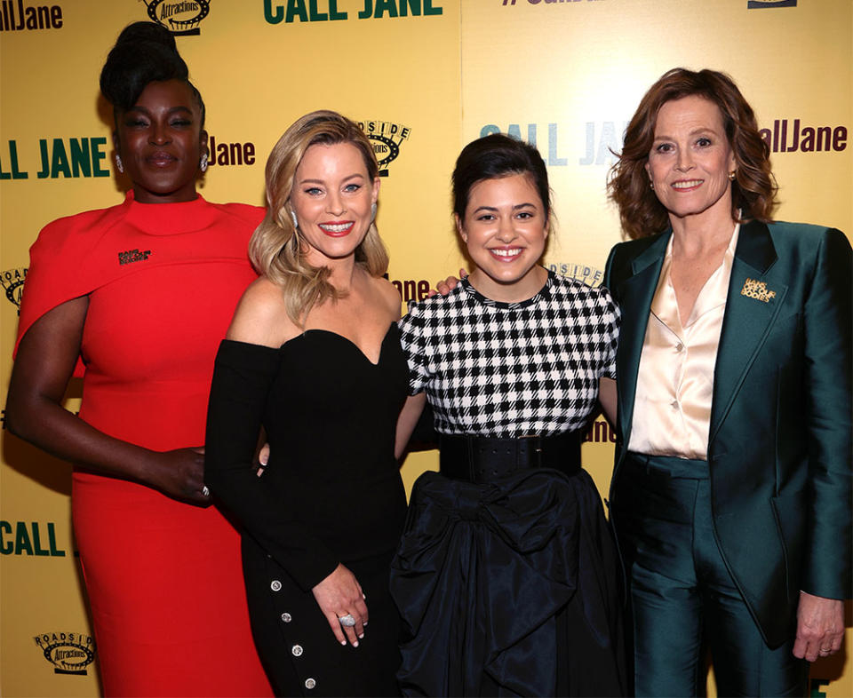 Wunmi Mosaku, Elizabeth Banks, and Sigourney Weaver attend the Los Angeles premiere of "Call Jane" at Skirball Cultural Center on October 20, 2022 in Los Angeles, California.