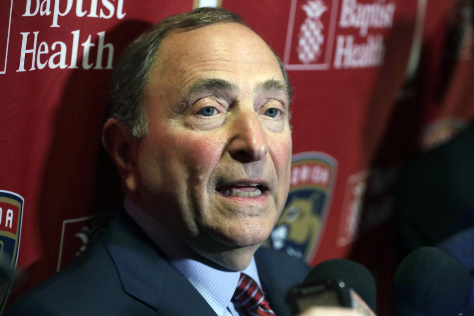 National Hockey League Commissioner Gary Bettman speaks to members of the media , Saturday, March 7, 2020, in Sunrise, Fla. (AP Photo/Wilfredo Lee)