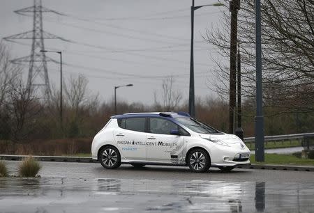 A modified Nissan Leaf, driverless car, is seen during its first demonstration on public roads in Europe, in London, Britain February 27, 2017. REUTERS/Peter Nicholls