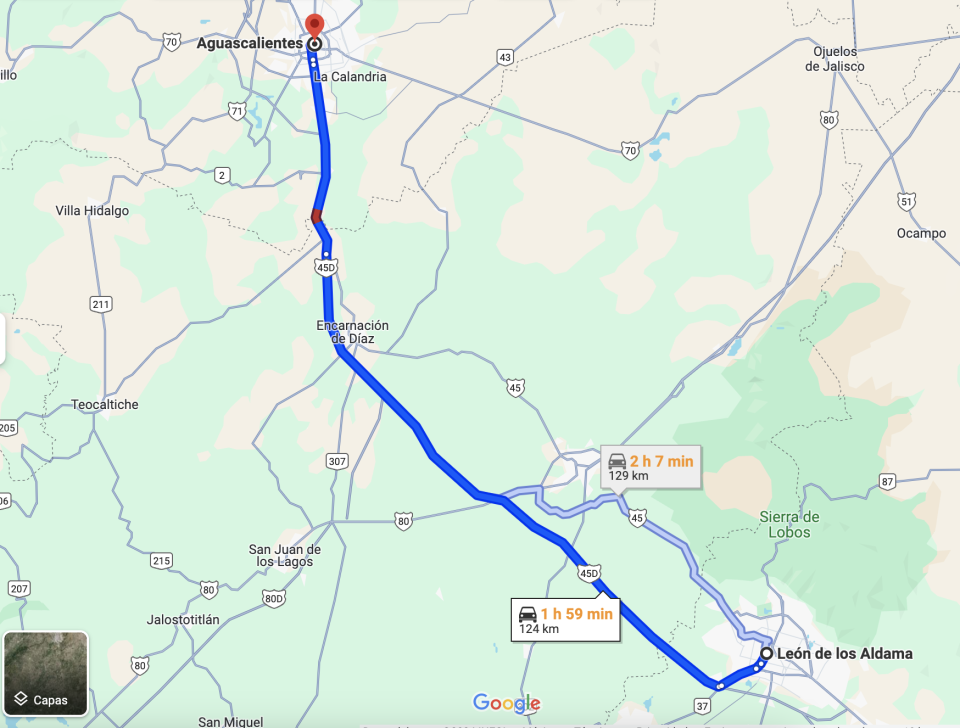 León se encuentra a dos horas en auto de Aguascalientes (Google Maps).