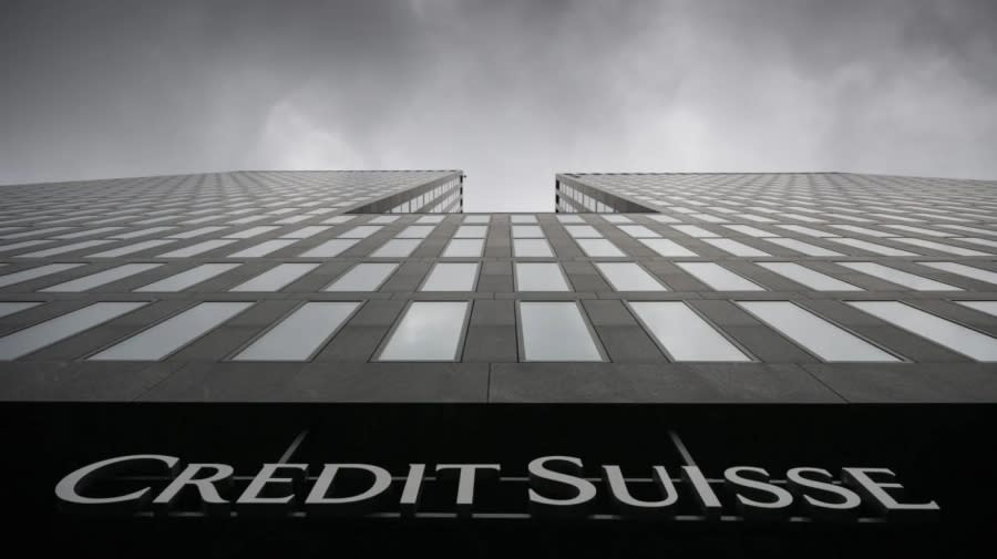 <sub>Grey clouds cover the sky over a building of the Credit Suisse bank in Zurich, Switzerland, Feb. 21, 2022. (Ennio Leanza/Keystone via AP, File)</sub>