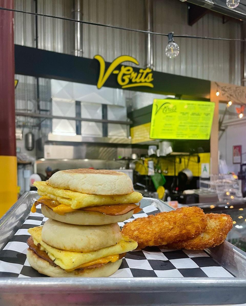 The Rise and Shine, egg, ham, and cheese on an English muffin, at V-Grits restaurant inside Logan Street Market, 1001 Logan St.