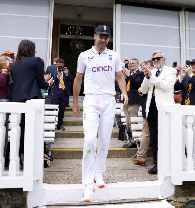 James Anderson walks out of the Lord's pavilion in his final Test before retirement.