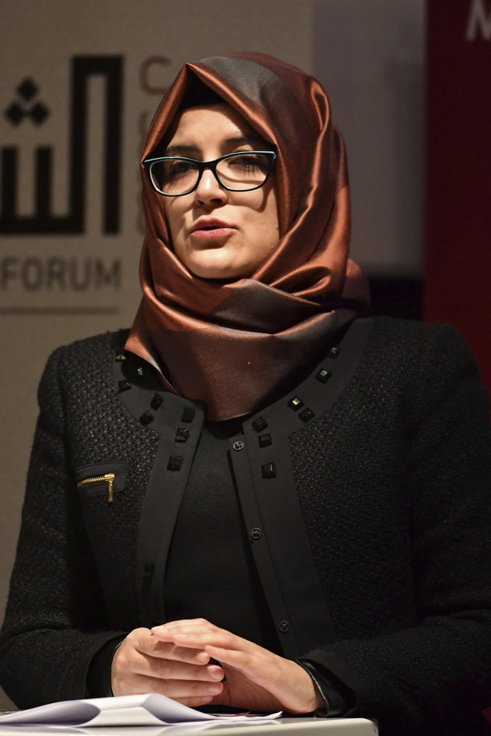 Hatice Cengiz, the fiancee of the killed Saudi journalist Jamal Khashoggi, speaks during a memorial event for her fiancee at the Mechanical Engineers Institute in London, Monday Oct. 29, 2018. The Al Sharq Forum think tank and Middle East Monitor have organised the event in honour of the murdered journalist Khashoggi who died in the Saudi consulate in Turkey. (John Stillwell/PA via AP)