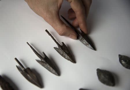 Arrowheads, uncovered by Israeli archaeologists at a site that they say contains the remnants of an ancient Greek fortress, are displayed in Jerusalem November 3, 2015. REUTERS/Ronen Zvulun