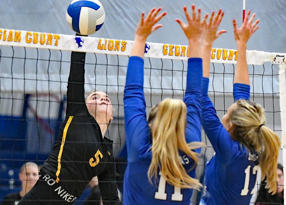 St John Vianney's Genevieve Millett goes up for a shot vs. Donovan Catholic. Ocean County Volleyball semifinals at Georgian Court on 10/23/2023.
Donovan Catholic defeats St. John Vianney and Southern defeats Barnegat to move on to the finals