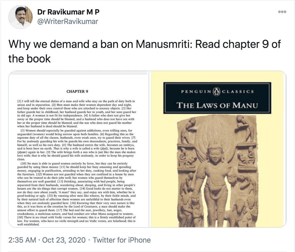 Thirumavalavan and other VCK leaders like MLA Ravikumar have tweeted translations of the Manusmriti in support of their interpretation and asked for a ban.